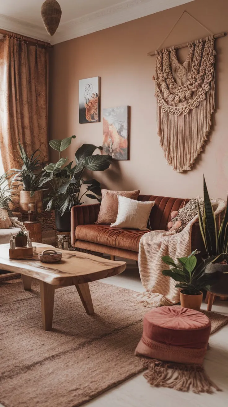 A plush rug, wooden coffee table, and macrame wall hanging define this nature-inspired, artistic modern boho space.
