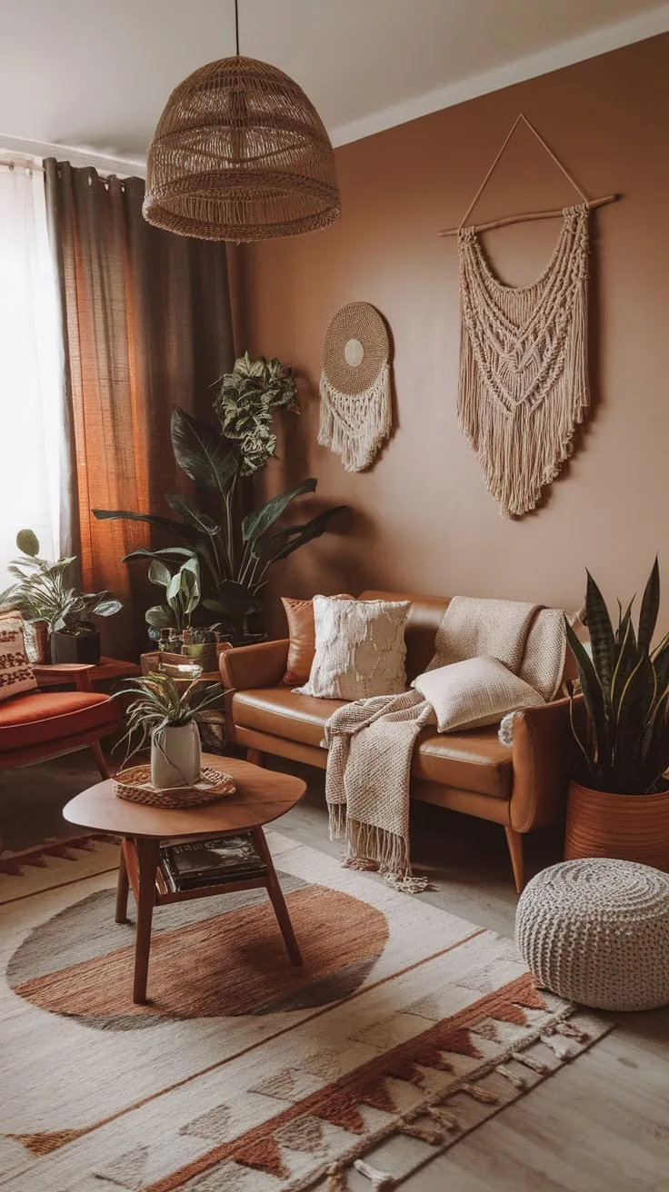 Earthy tones, eclectic furniture, and nature-inspired accents create a relaxed modern boho living room sanctuary