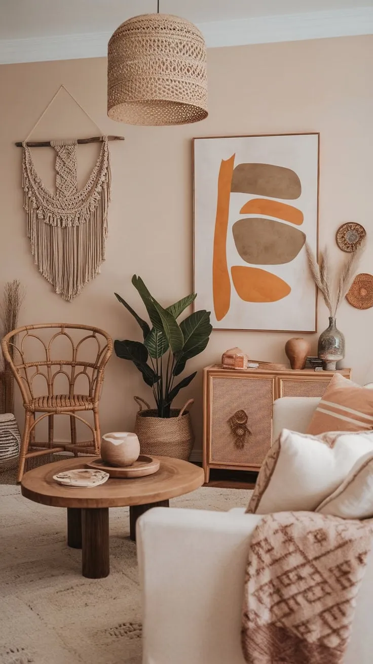 Earthy tones, natural textures, and bohemian accents create a relaxed and artistic modern boho living room.