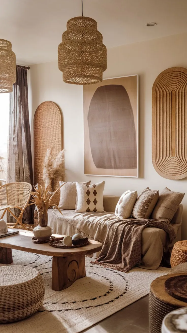 Earthy tones, eclectic art, and natural elements create a relaxed contemporary boho living room.