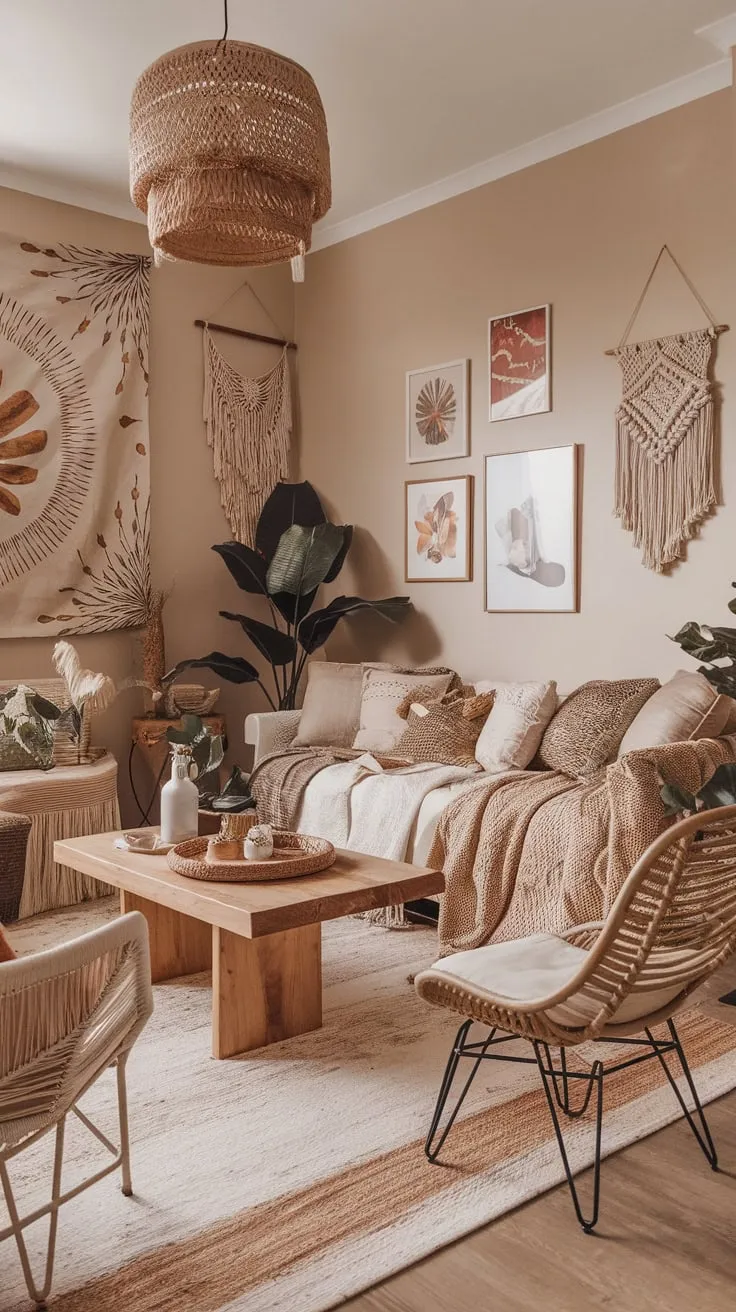 Earthy tones, eclectic furniture, and nature-inspired accents create a captivating modern boho living room.