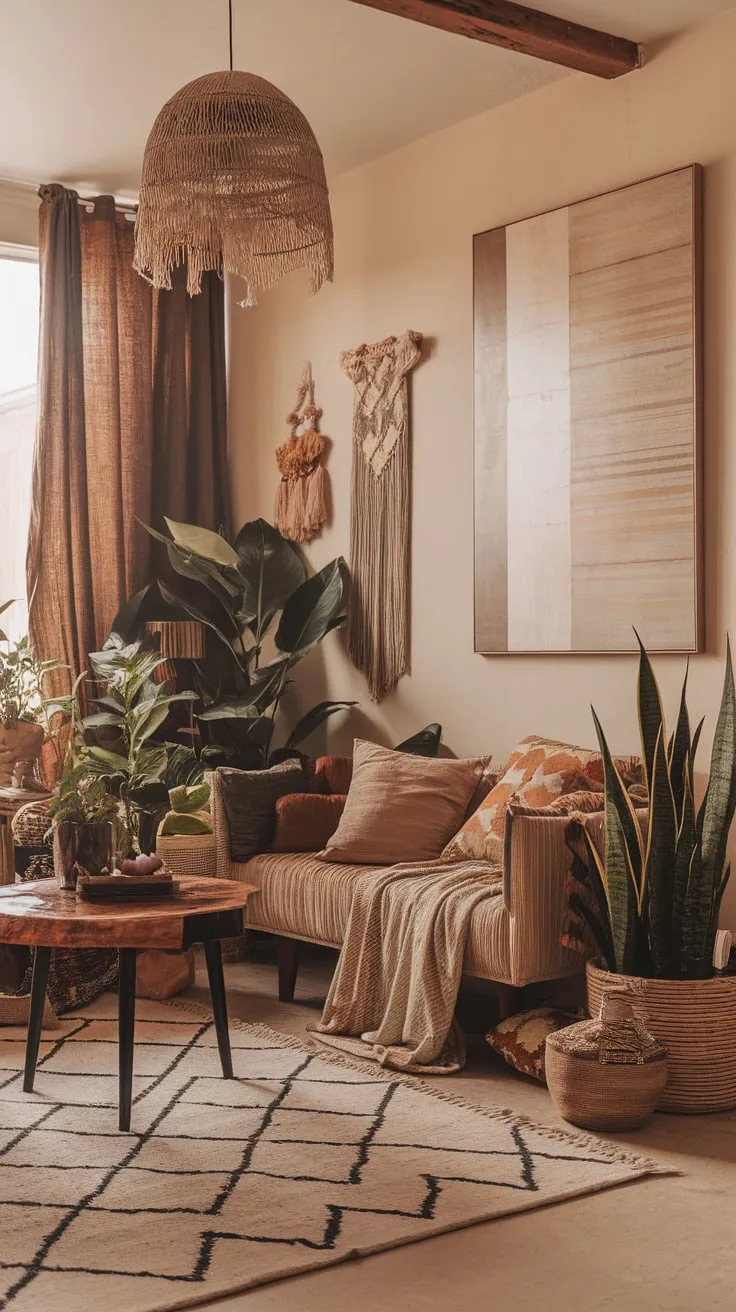 A blend of warm colors, geometric patterns, and artistic decor defines this inviting and relaxed modern bohemian living space.
