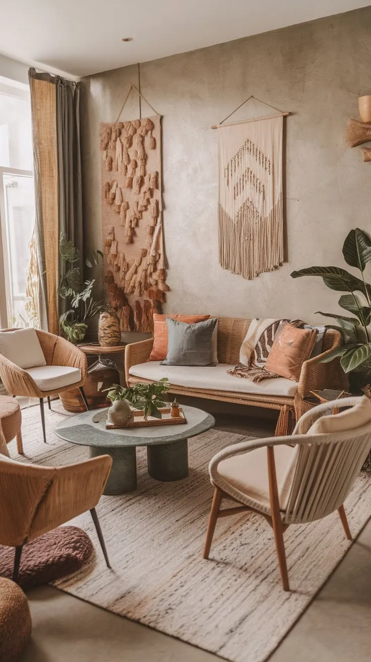 A nature-inspired artistic haven, this modern boho living room blends eclectic furniture and earthy palettes for a relaxed vibe.