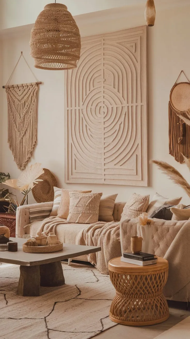 Earthy tones, geometric art, and eclectic boho furniture create a relaxed modern living space