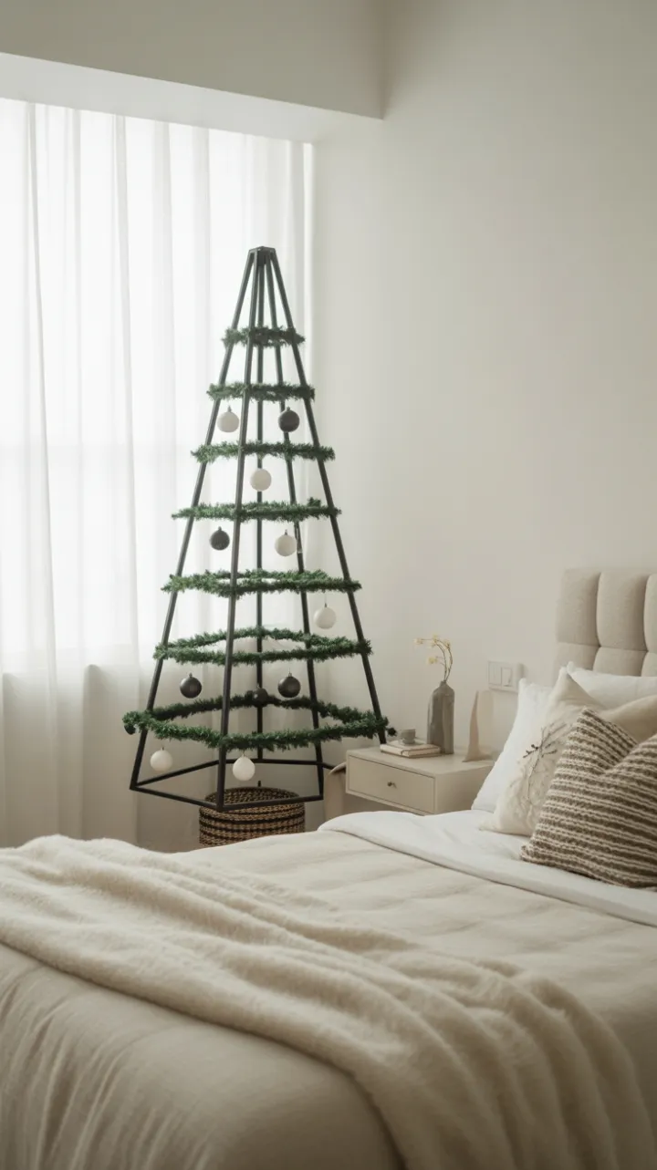Quiet Holiday Elegance in a Minimalist Bedroom with a Geometric Christmas Tree