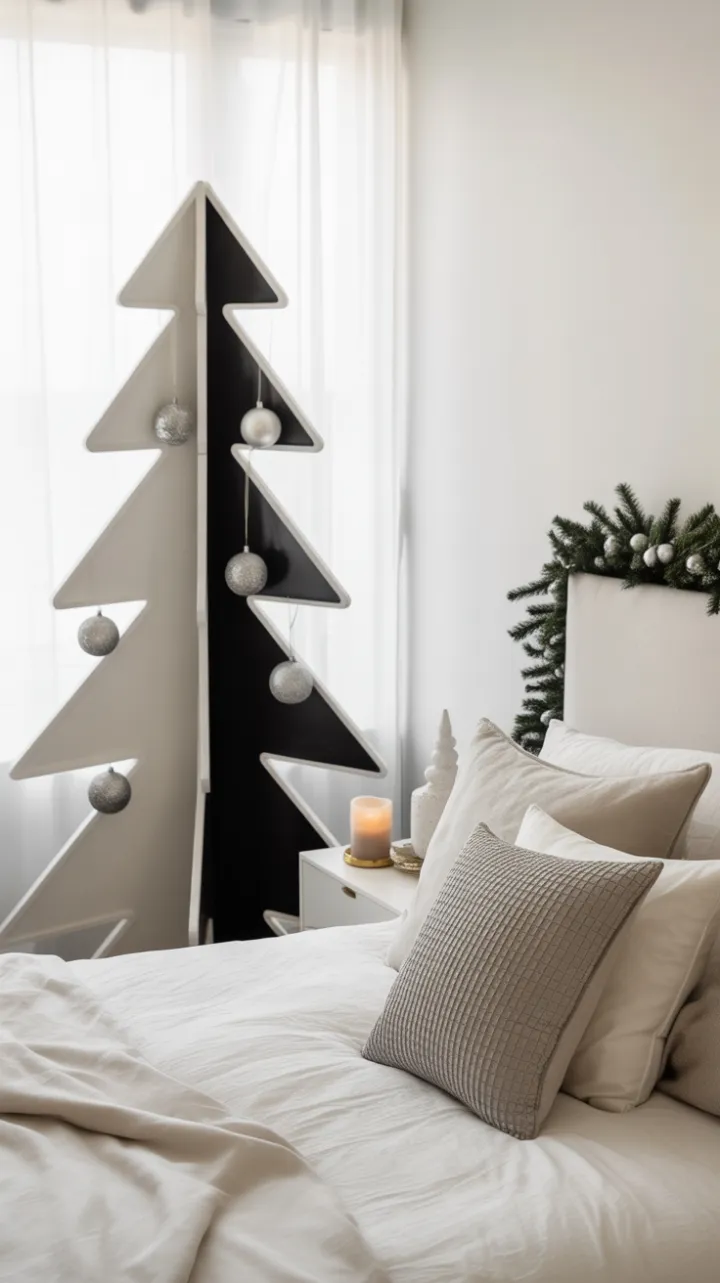 Serene Minimalist Christmas Bedroom with Geometric Black-and-White Tree