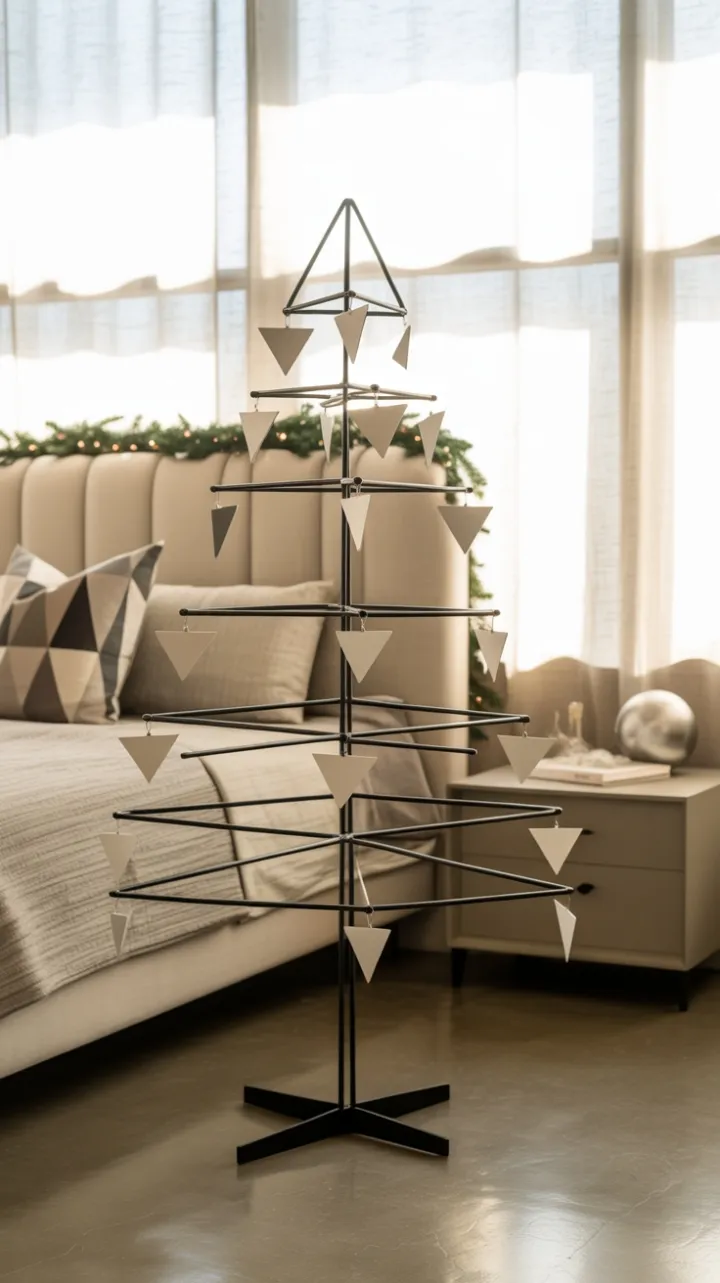 Serene Minimalist Christmas Bedroom with Black Geometric Tree
