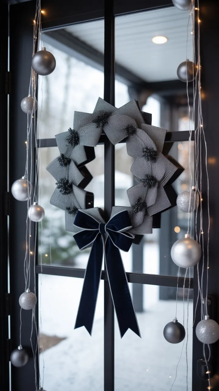 Navy Velvet Accent on a Minimalist Monochrome Christmas Door