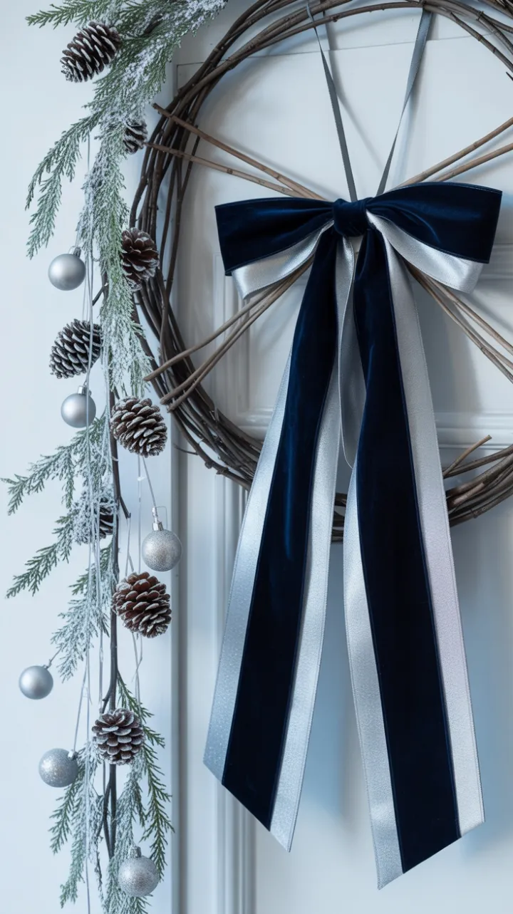 Geometric Birch Wreath with Navy Velvet and Frosted Pinecones