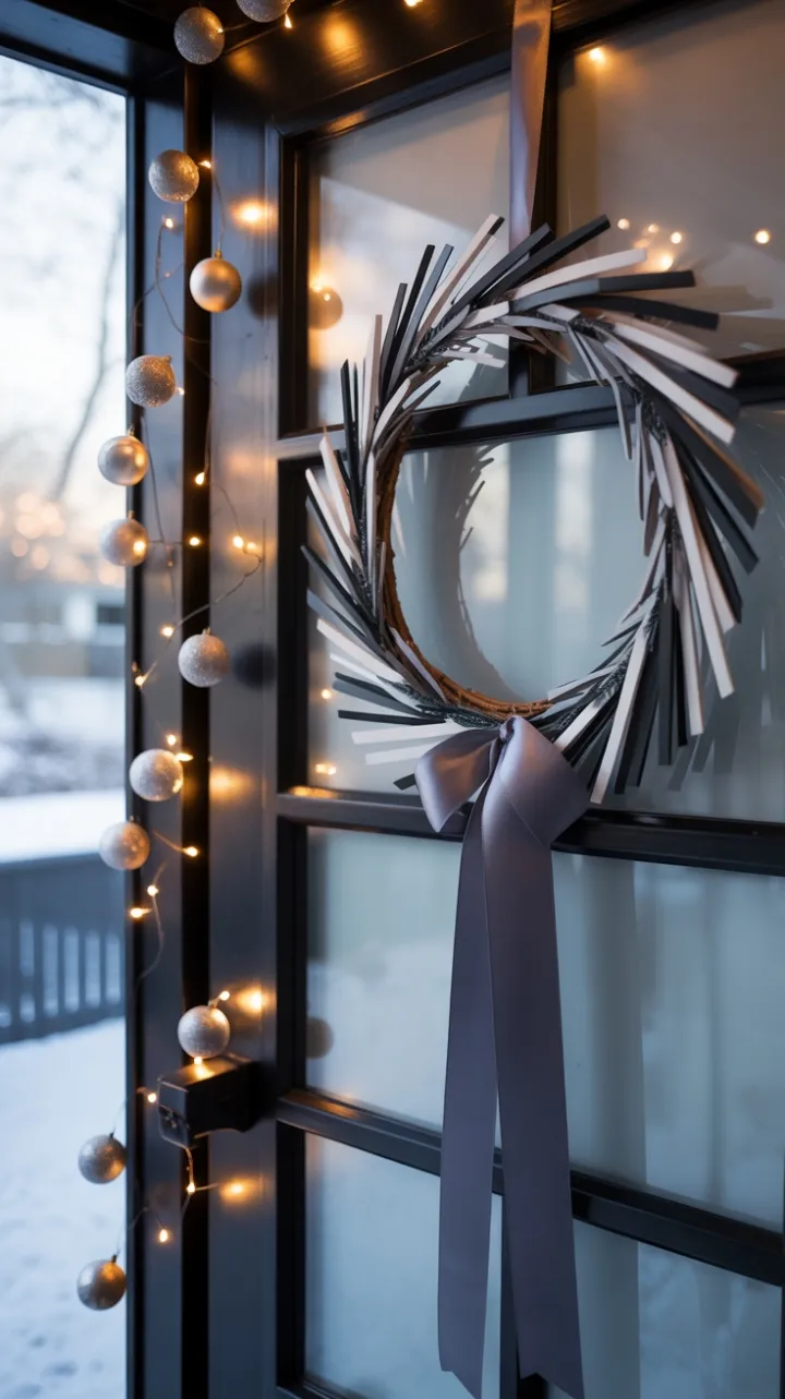 Charcoal Wreath on a Snow-Kissed Minimalist Door