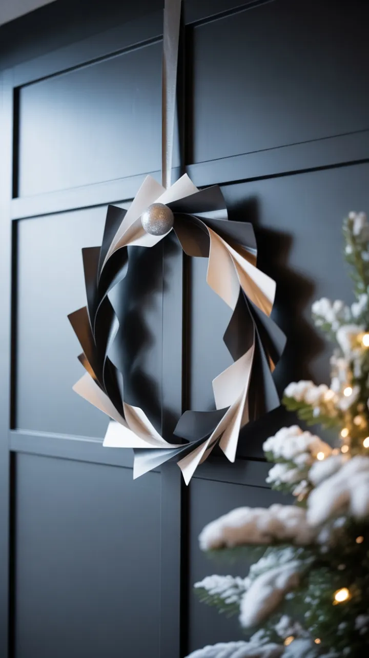 Modern minimalist Christmas with a geometric wreath on a sleek gray door