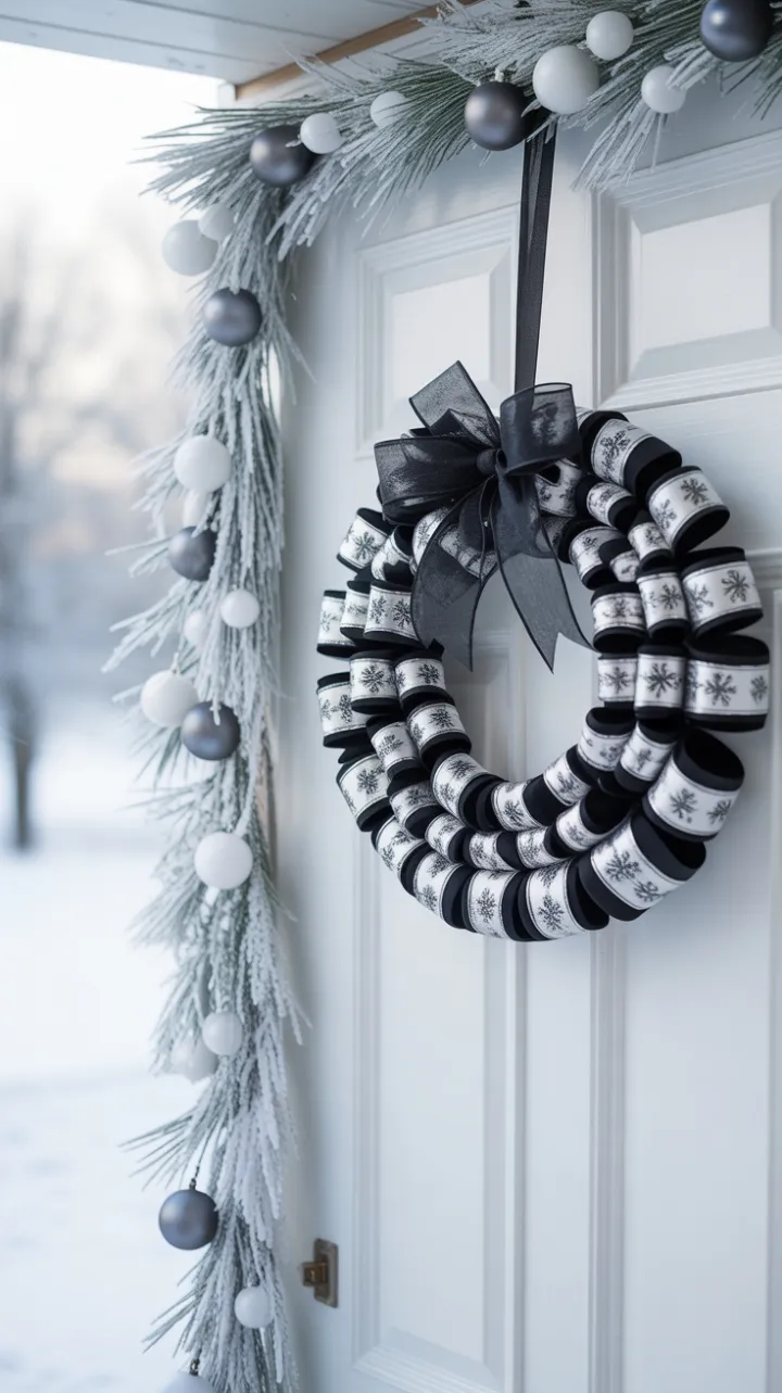 Minimalist Holiday Elegance – Black-and-White Wreath on a Snowy Door