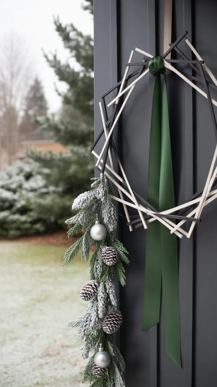 Geometric Birch Wreath and Frosted Pinecone Doorway