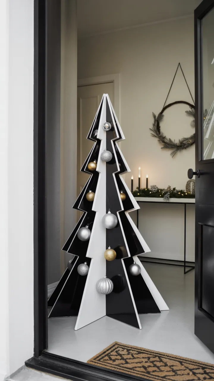 Sleek Geometry in a Minimalist Black and White Christmas Entryway