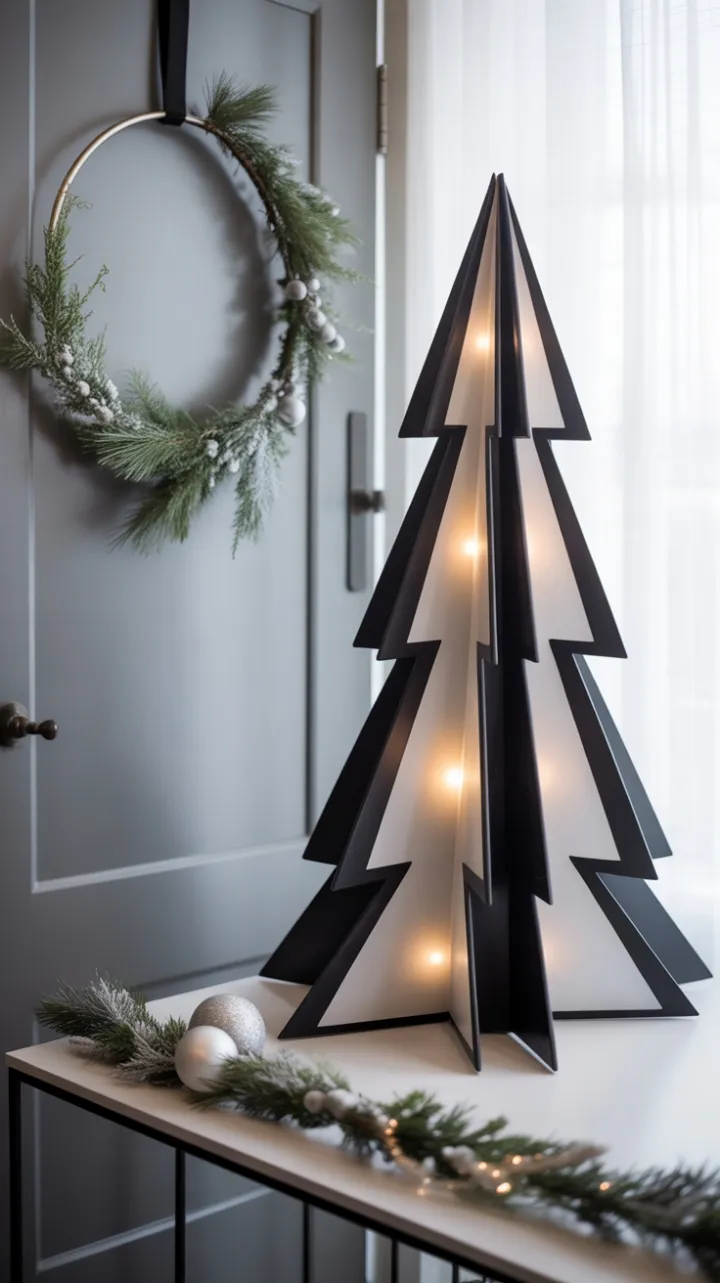 Serene Monochrome Holiday Entryway with Geometric Tree