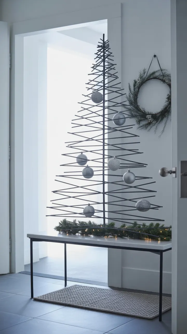 Angular Elegance in a Minimalist Black and White Christmas Entryway