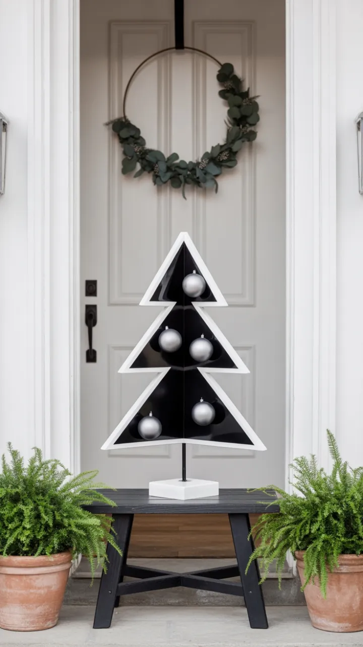 Modern Minimalist Christmas Porch with Geometric Tree and Eucalyptus Wreath