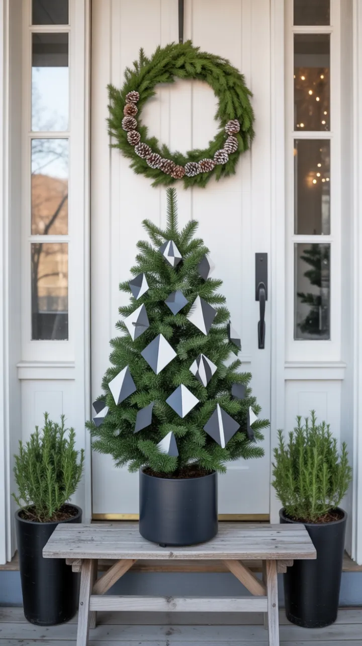Serene Minimalist Christmas Porch with Geometric Black-and-White Ornaments