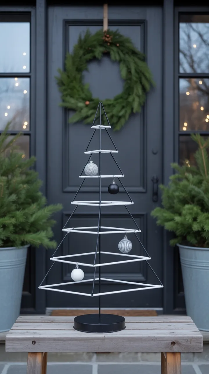 Minimalist Holiday Porch Featuring a Striking Black and White Geometric Tree