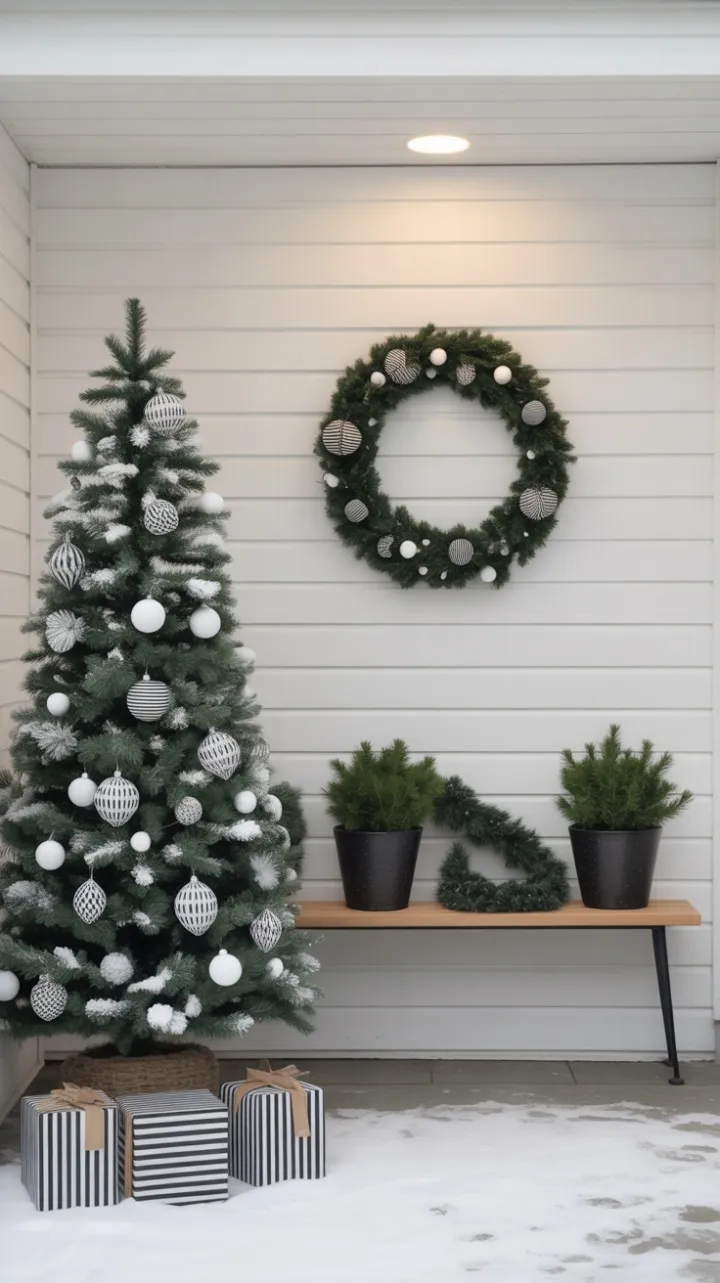 Serene Monochrome Christmas Porch with Geometric Flair