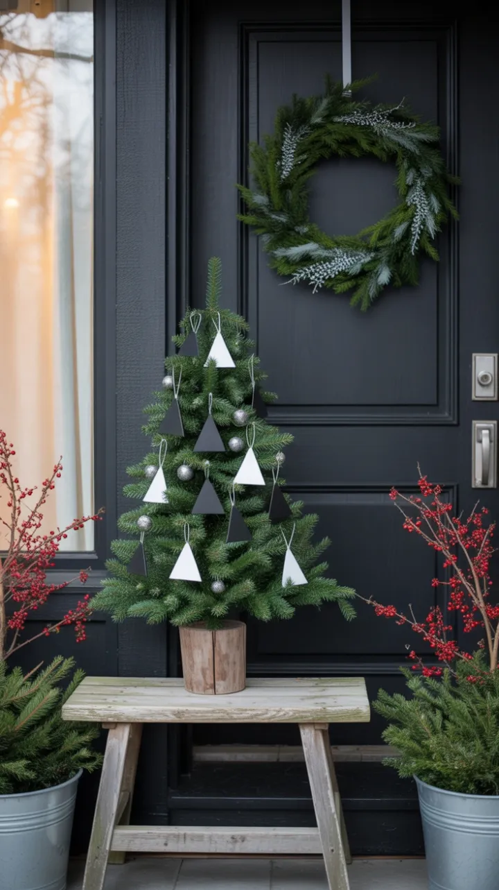 Modern Minimalist Christmas Porch with Geometric Tree and Winterberry Glow