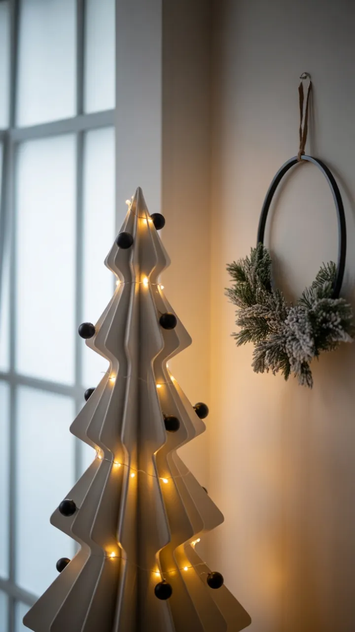 White Geometric Christmas Tree with Black Ornaments and Warm Glow