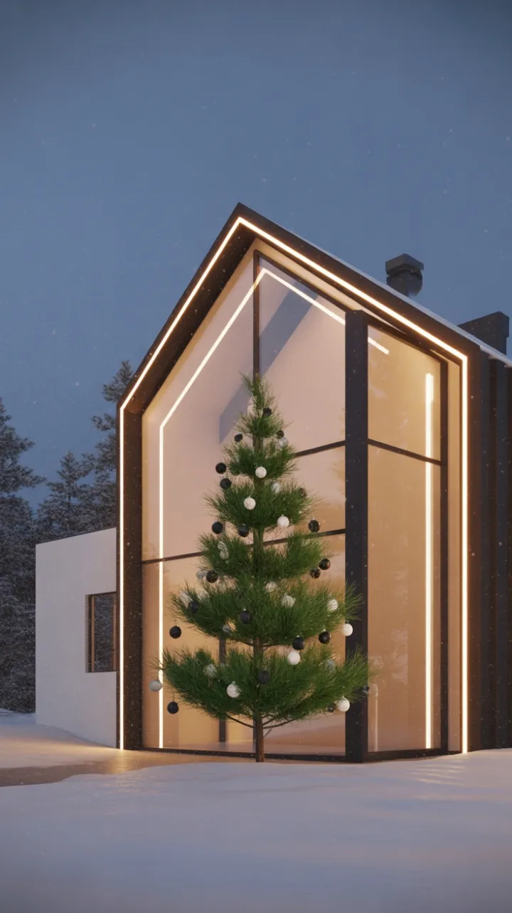 Twilight Minimalism – Modern Christmas Home in Falling Snow