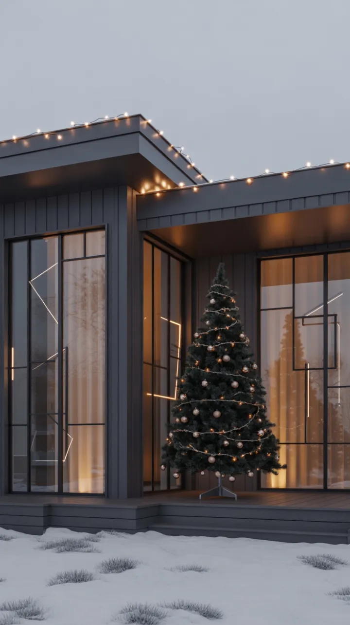 Minimalist Midnight – Warm Geometric Lights on a Sleek Snow-Dusted Porch