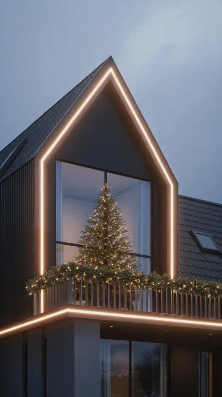 Minimalist Holiday Glow in a Modern Home Framed by Warm White Lights