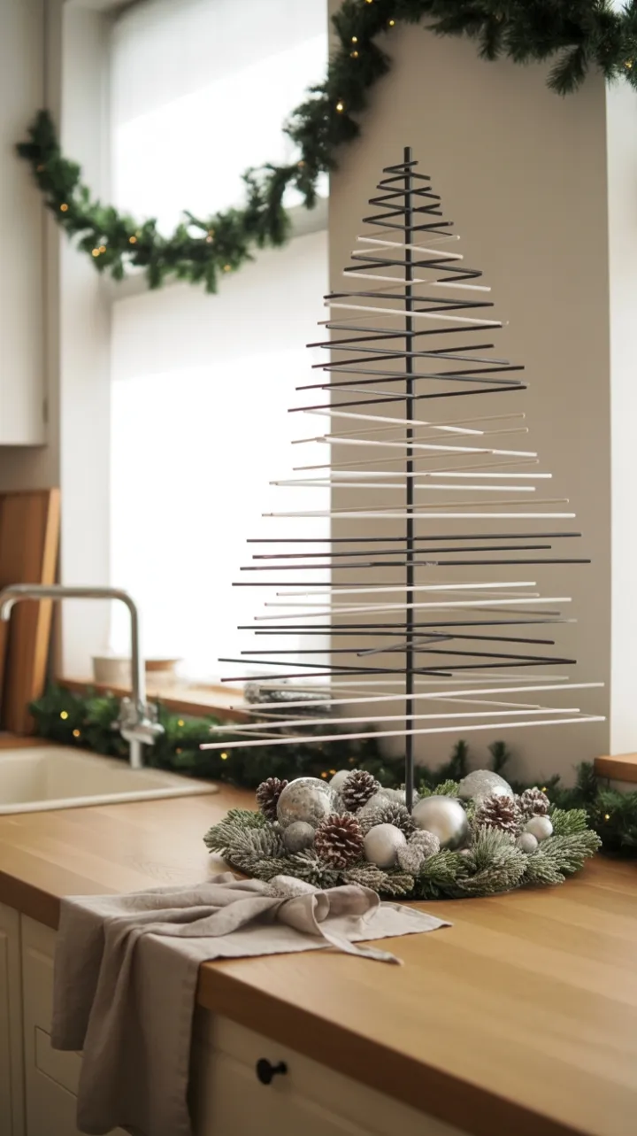 Minimalist Christmas Kitchen with Geometric Tree and Warm Wood Tranquility
