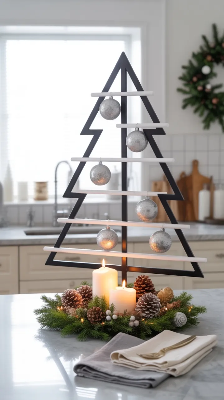 Serene Scandinavian Holiday Kitchen with Geometric Black-and-White Tree
