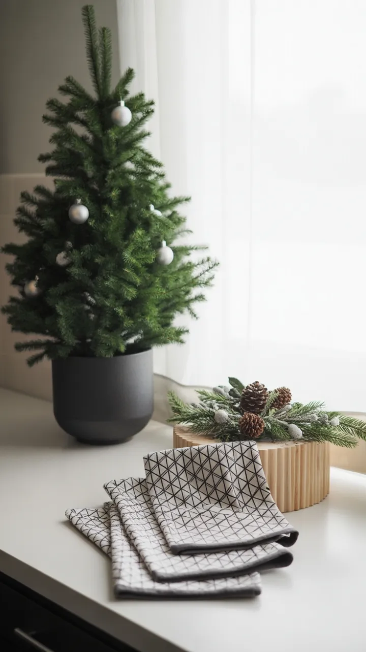 Serene Minimalist Christmas Kitchen with Geometric Tree and Natural Accents