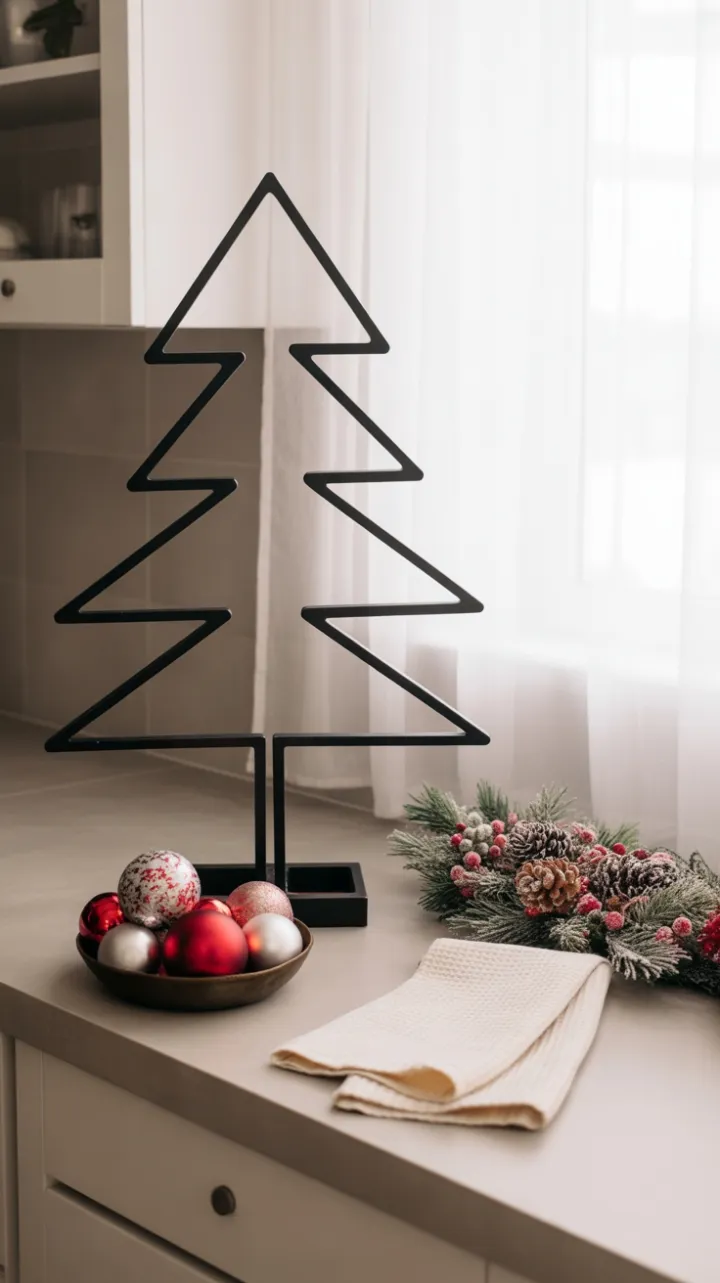 Warm Minimalist Holiday Kitchen with Geometric Black Tree