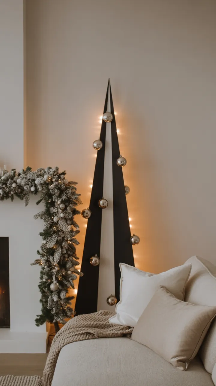 Serene Minimalist Christmas with Geometric Tree and Cozy Hearth