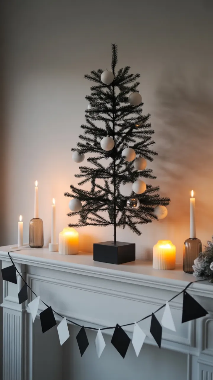Geometric Minimalist Christmas Mantel in Black, White, and Silver