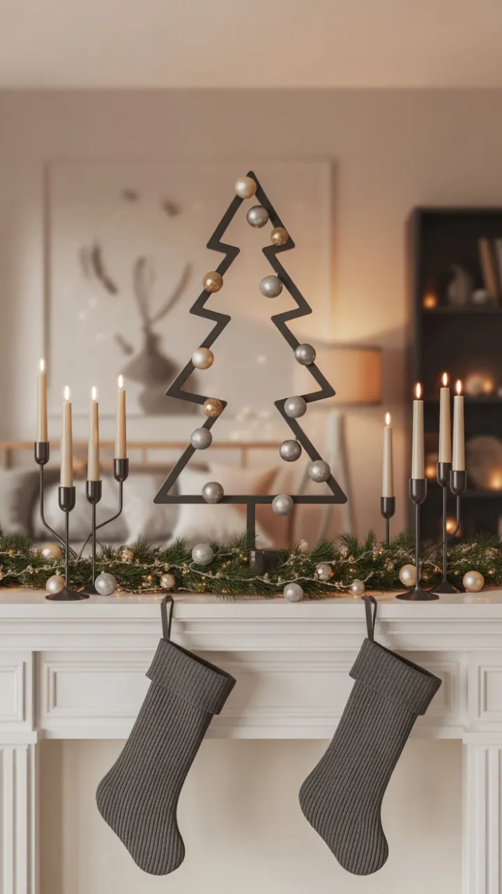 Modern Minimalist Christmas Mantel with Sleek Black Tree and Warm Candlelight