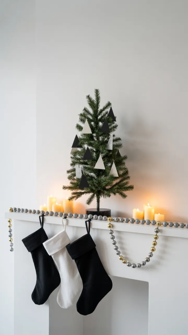 Serene Minimalist Christmas Mantel in Black White and Gold