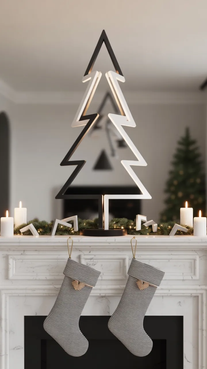Sleek Monochrome Christmas Mantel with Geometric Tree