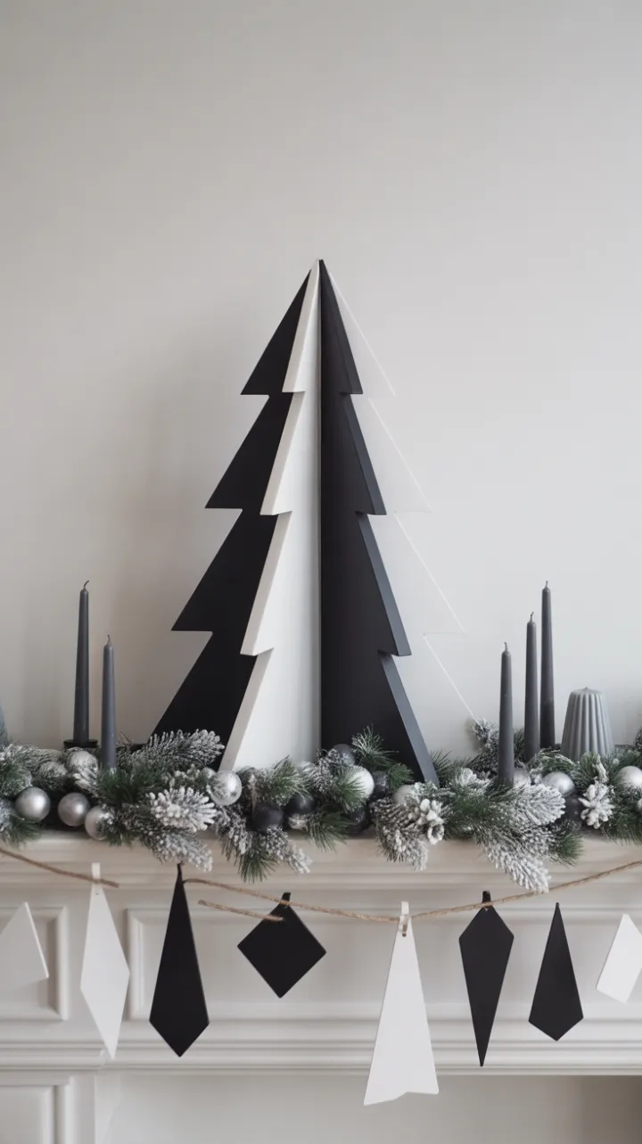 Minimalist Monochrome Mantel with Geometric Christmas Tree