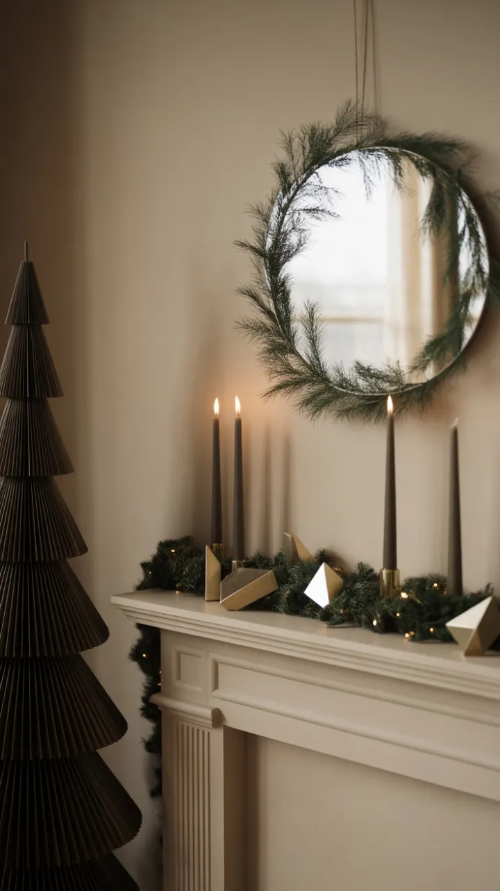 Angular Evergreen and Quiet Light on a Minimalist Christmas Mantel