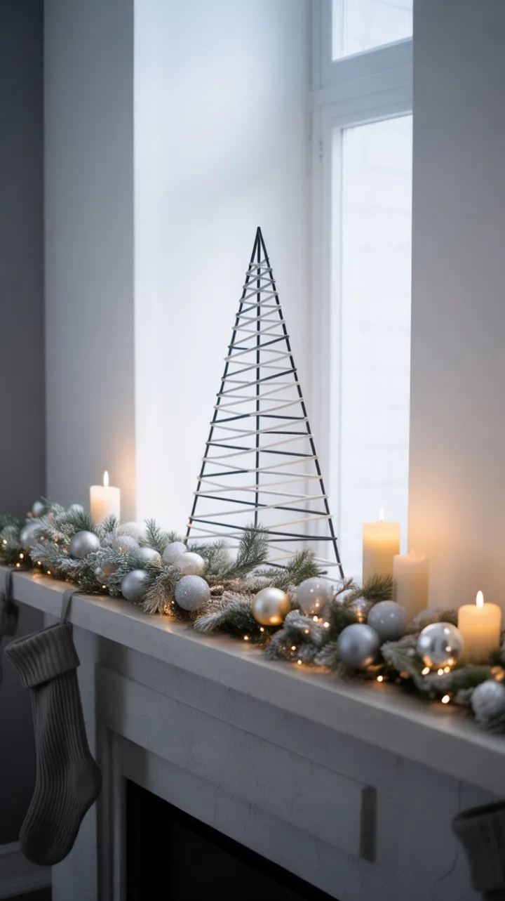 Sleek Minimalist Mantel Featuring a Geometric Christmas Tree