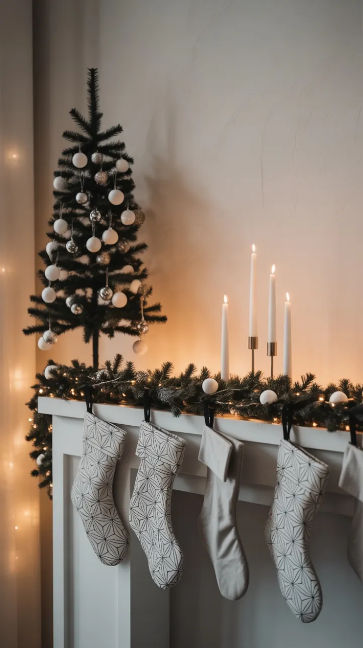 Modern Monochrome Christmas Mantel with Geometric Elegance