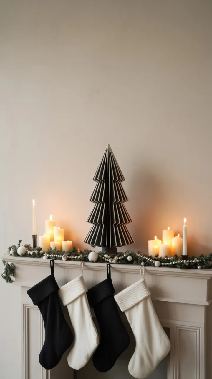 Monochrome Minimalist Mantel with Geometric Tree and Warm Glow