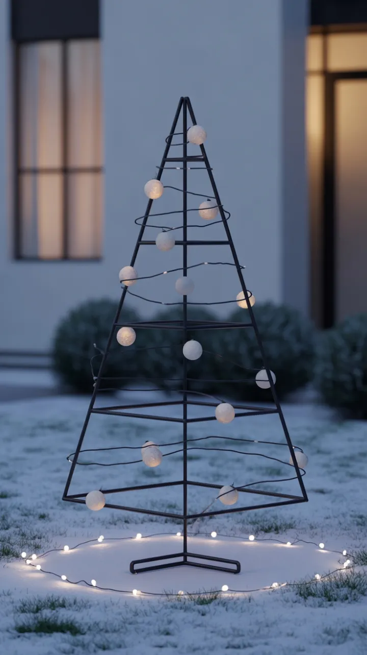 Silent Glow of a Minimalist Black Tree on a Snowy Lawn