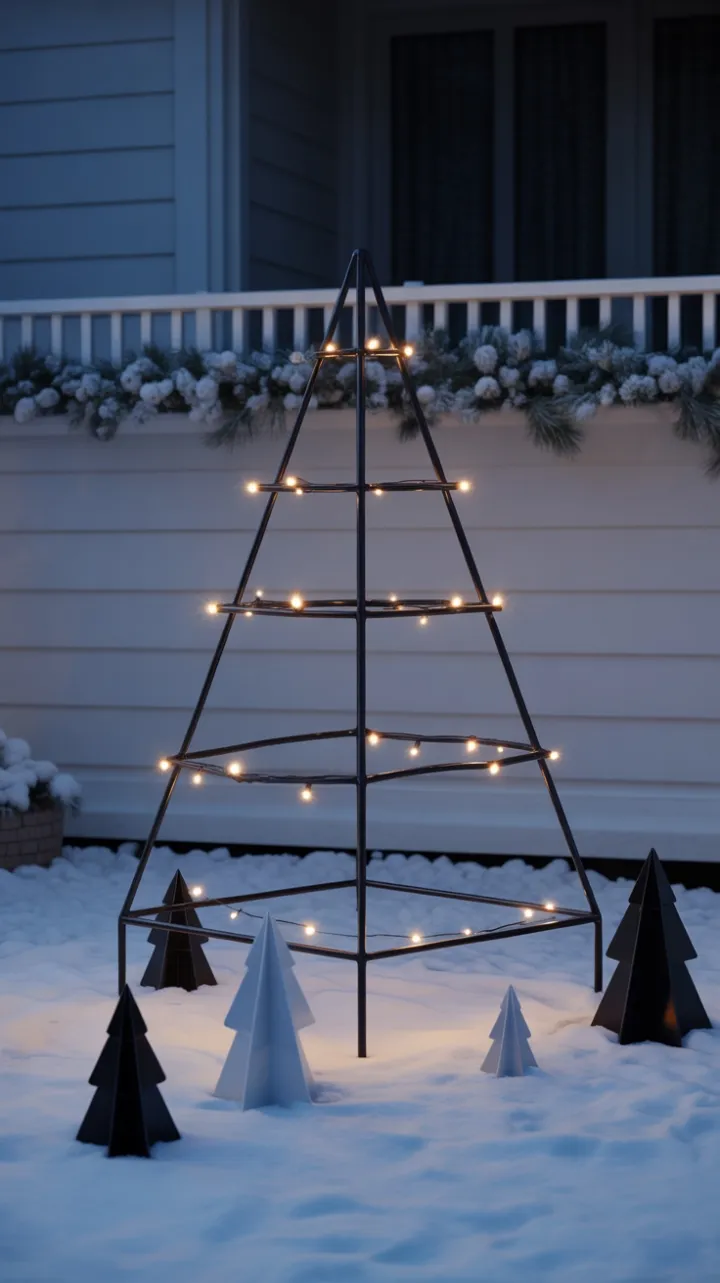 Sleek Black Christmas Tree Warming a Snowy Evening