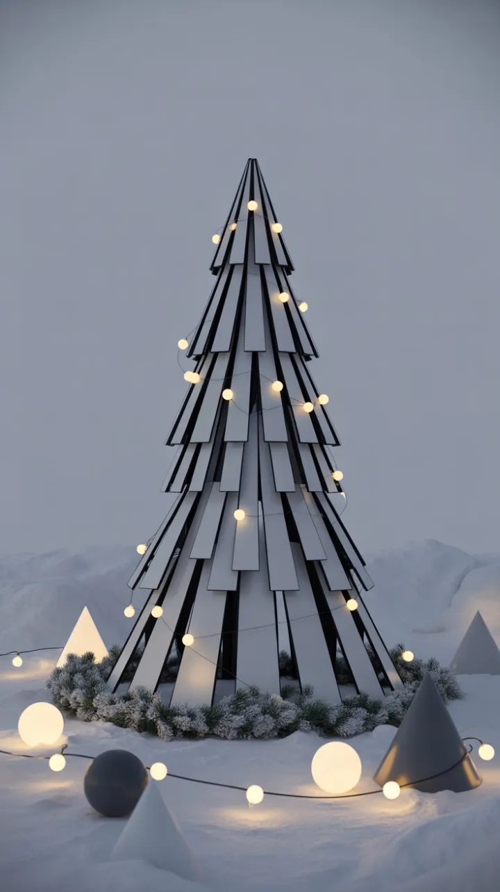 Minimalist Geometric Christmas Tree Bathed in Twilight