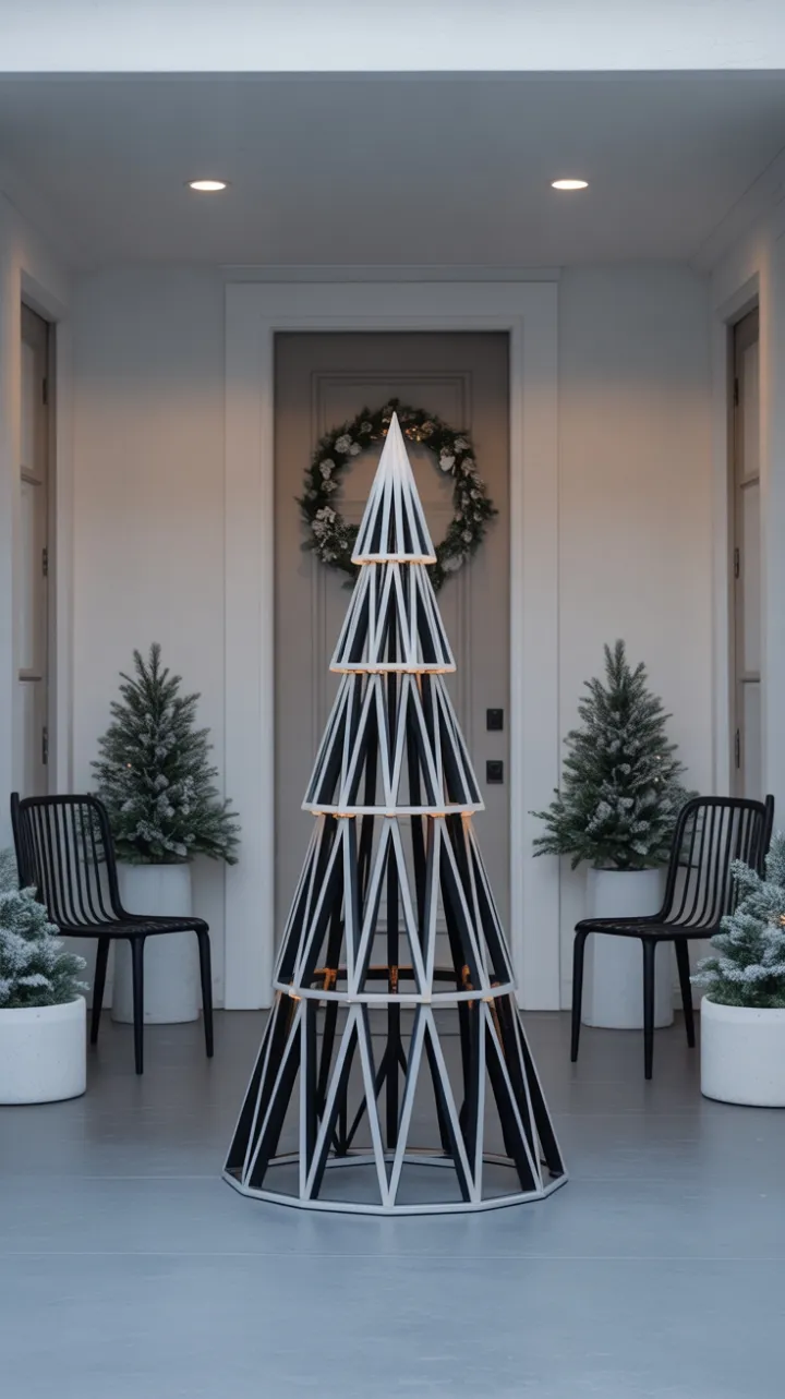 Serene Minimalist Christmas Porch Featuring a Black-and-White Geometric Tree