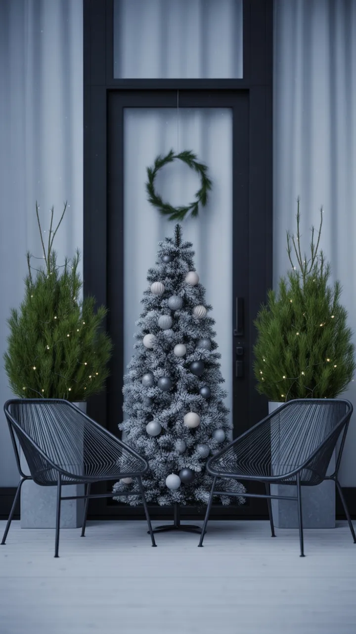 Minimalist Winter Porch with a Modern Geometric Christmas Tree