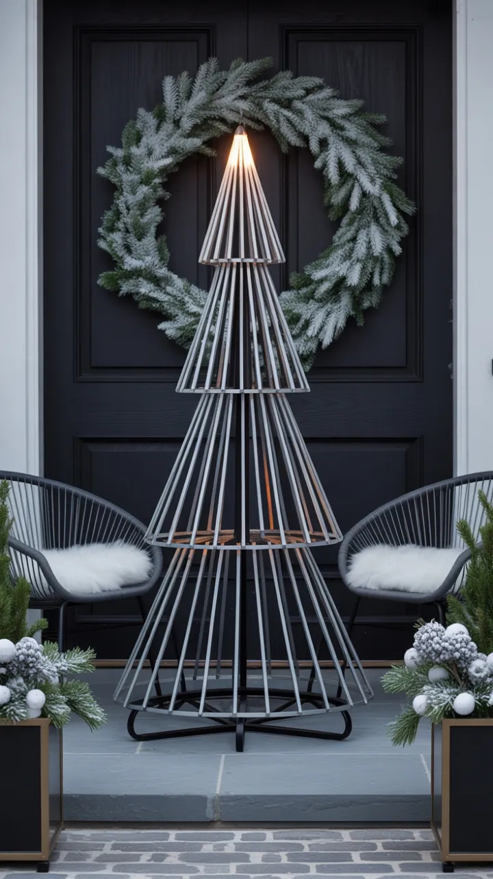 Sleek Monochrome Holiday Porch with Geometric Tree