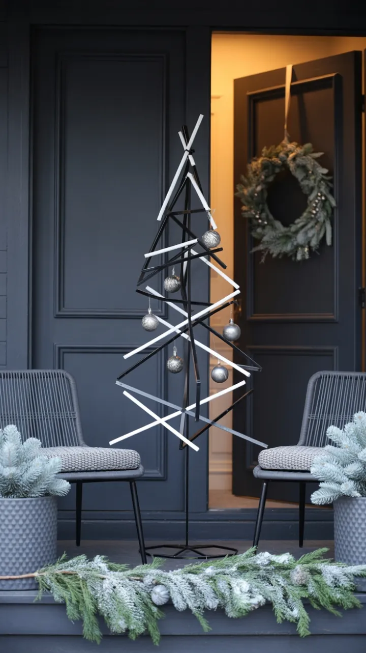 Midnight Minimalist Holiday Porch with Geometric Tree